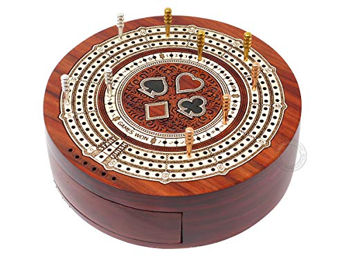 House of Cribbage - Round Shape 3 Track Non-Continuous Cribbage Board - Push Drawer Storage for Pegs and 1 Deck of Cards with Score Marking Fields for Won Games (Bloodwood/Maple Wood) - color: Bloodwood / Maple Wood