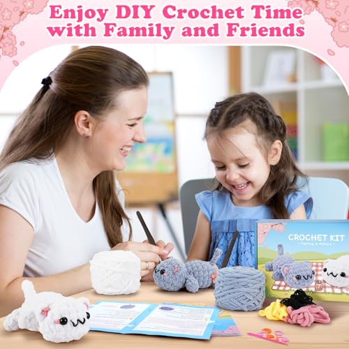 2PCS Kitty Crochet Kit for Beginners Cats Crochet Starter Kit for Adults - color: Gray White Cat