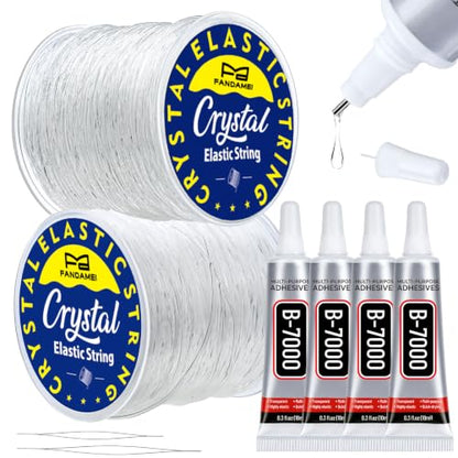 Fandamei Elastic String for Bracelets Making Kit, 1mm&0.8mm Clear Bracelet String, 10ml B7000 Glue*4 with Stretchy Bracelet String, Jewelry Glue&Beading Needles for DIY Necklaces, Bracelets & Jewelry