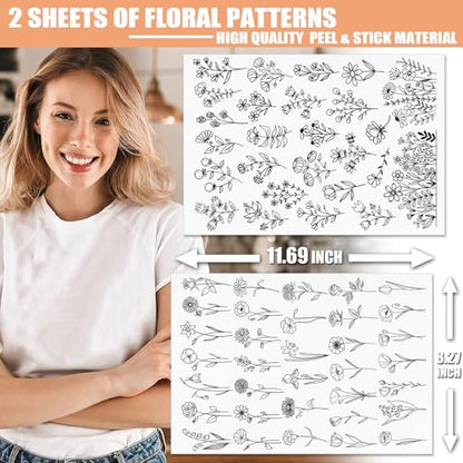 Patemby Embroidery Pattern Water Soluble Embroidery Stabilizers, Stick and Stitch Embroidery Paper Wash Away with Pre-Printed Pattern Designs Stencils Transfers for Hand Sewing Lover Beginner - color: Blossom