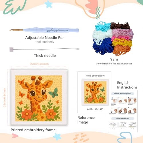 SDOYUNO Punch Needle Kit with Frame for Adults Beginners Kits 9.84 x 9.84 Inch Embroidery Starter Kits Punch Needle Kit with Giraffe Pattern, Threader, Yarns, Rug Punch, DIY Craft Kits (Cyan) - color: cyan