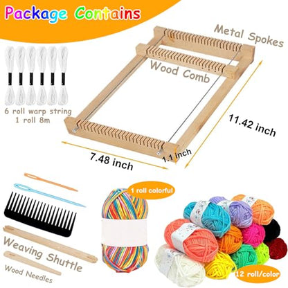 Wooden Weaving Loom Kit for Kids,Arts and Crafts Mini Weaving Loom with 13 roll Colorful Yarns,11.4" x 7.5" Hand-Knitting Frame Looms for Easy Weaving,Weaving Loom and Yarns for Beginners and Adults