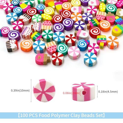 100pcs Food Polymer Clay Beads, VEINARDYL Colorful Delicious Foods Bead, Mixed Bulk Cake Ice Cream Candy Charm Beads for DIY Crafts Earring Necklace Friendship Bracelets Making - color: Food