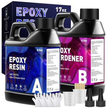 Epoxy Resin Kit 17OZ - No Yellowing & Less Bubble 2 Part Epoxy Resin for Beginners, 1:1 Ratio Art Resin for Wood Casting, Jewelry Making, Art Crafting & Countertop Coating (8.5OZ×2) - size: 17 OZ