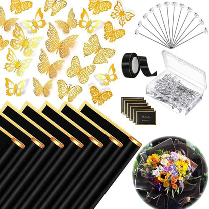 179Pcs Flower Wrapping Bouquet Paper Kit with 20 Sheets Black Floral Wrapping Paper,100 Pcs Diamond Bouquet Pins, 48Pcs 3D Gold Butterflies,1Roll Ribbon,10 Cards for Graduation Birthday Wedding DIY Craft