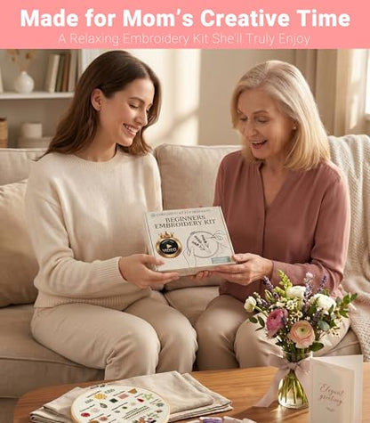 ZenHues Embroidery Kit for Beginners Adults with Level 0 Practice Sampler, 5 Pre-Printed Patterns & Video Tutorials with 7.8" Hoop, Learn 30+ Stitches, DIY Needlework Craft Gift for Women