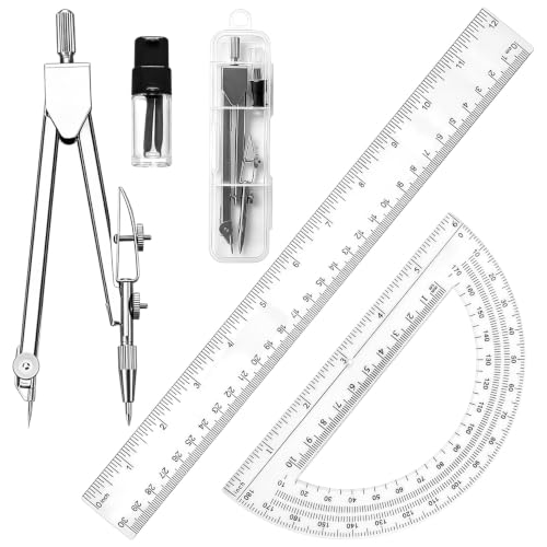 3 Packs Plastic 12 Inch Ruler-6 Inch Clear Protractor Drawing Compasses Set, Student Geometry Math Transparent Measuring Tools for Home School Classroom Office Supplies