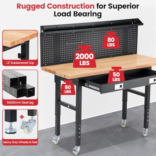 ENJOYWOOD 60" Rolling Workbench with Drawers, Adjustable Height