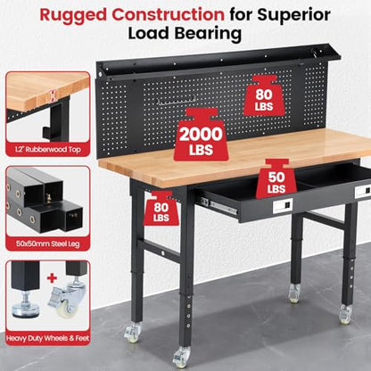 ENJOYWOOD 60" Rolling Workbench with Drawers, Adjustable Height