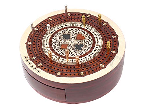 House of Cribbage - Round Shape 3 Track Non-Continuous Cribbage Board - Push Drawer Storage for Pegs and 1 Deck of Cards with Score Marking Fields for Won Games (Maple Wood/Bloodwood) - color: Maple Wood / Bloodwood