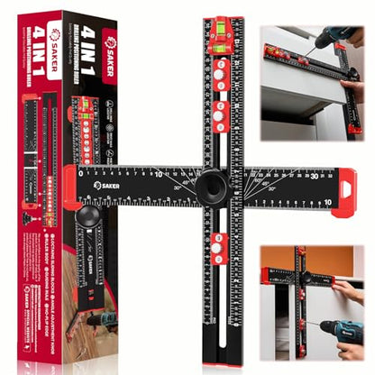 Saker 4-in-1 Drilling Positioning Ruler, Adjustable 13.78in Multifunctional T Square Ruler, Cabinet Hardware Jig, Marking Gauge Tools for Woodworking, Cabinet Drawer Door Hole Drilling Template - size: 13.78inch