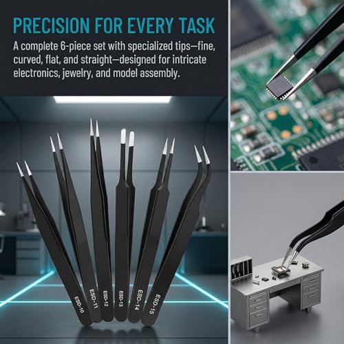 6-Piece ESD Precision Tweezers Set, Stainless Steel Fine Tip for PCB Repair