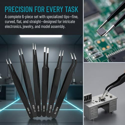 6-Piece ESD Precision Tweezers Set, Stainless Steel Fine Tip for PCB Repair