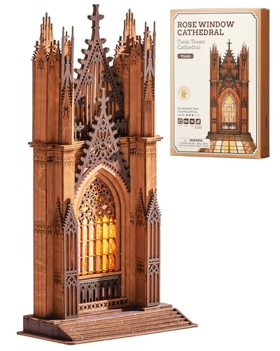 Rolife 3D Wooden Puzzle - Gothic Twin-Tower Cathedral Architecture Model with LED Lights, DIY Craft Building Kit for Adults, Unique Home Decor & Birthday for Hobbyists - style: Gothic Twin-Tower Cathedral
