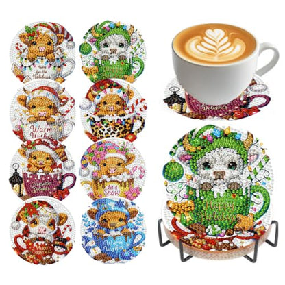 Christmas Cow Diamond Art Coasters Kit, 8 Pieces Diamond Painting Coasters - color: Christmas Cow