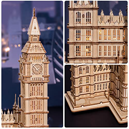 ROBOTIME 3D Puzzle for Adults Wooden Craft Kits for Teens DIY Construction Model Kit with LED Light to Build Educational Big Ben Set Toys Birthday Gifts - color: Big Ben