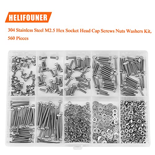 HELIFOUNER 560 Pieces M2.5 x 4mm /6mm /8mm /10mm /12mm /16mm /20mm, Hex Socket Head Cap Screws Bolts Washers Nuts Kit, 304 Stainless Steel - size: M2.5, style: Hex Socket Head Cap