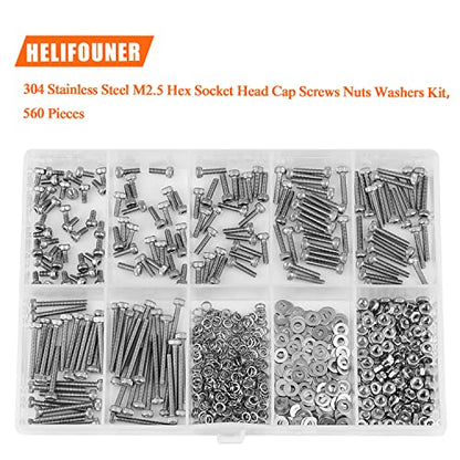 HELIFOUNER 560 Pieces M2.5 x 4mm /6mm /8mm /10mm /12mm /16mm /20mm, Hex Socket Head Cap Screws Bolts Washers Nuts Kit, 304 Stainless Steel - size: M2.5, style: Hex Socket Head Cap
