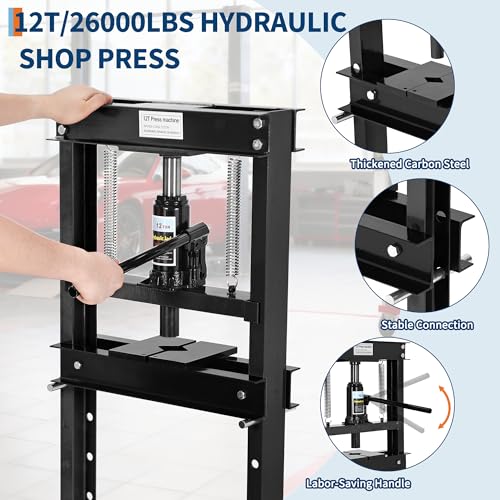 12 Ton h Frame Hydraulic Shop Press, Heavy Duty Garage Floor Press with Adjustable Height, Built in Relief Valve, Professional Grade Car Repair Tool for Bending Straightening Bearings u Joints,Black - size: 12 Ton