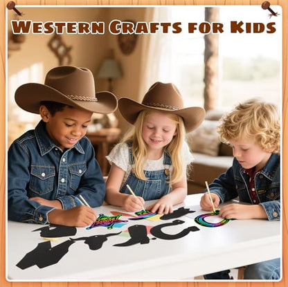 JULMELON 36Pcs Western Crafts for Kids, Cowboy Rainbow Scratch Art Cards - style: Western