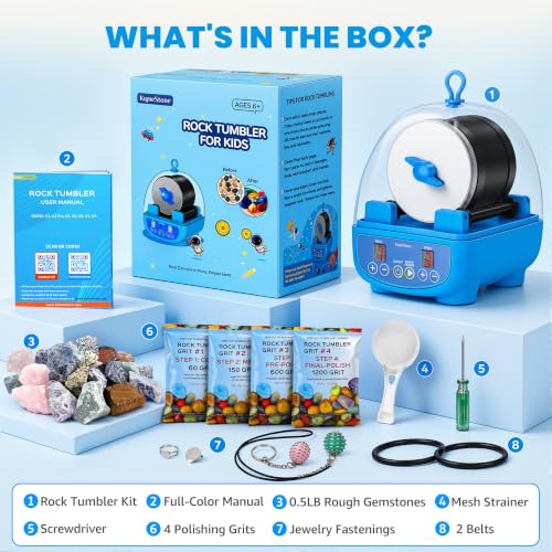 KomeStone K5 Rock Tumbler for Kids & Adults, Quiet Rock Polisher, Ages 6+ - color: Starter Kit（Sky Blue）