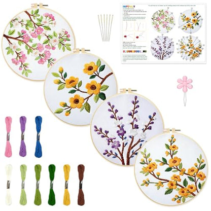 INFUNLY 4 Pack Seasons Flowers Embroidery Starter Kit for Beginners Branches Leaves DIY Embroidery Kits for Adults Stamped Needlepoint Set with Step-by-Step Instructions Threads Craft Lover Gift - style: Seasons