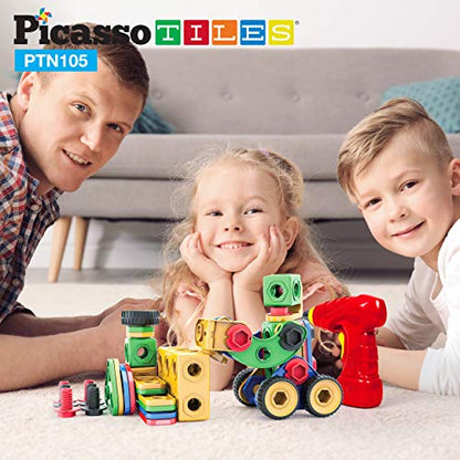 PicassoTiles STEM Learning Toys 105 Piece Building Block Set Kids Construction Engineering Kit Toy Blocks Children Early Education Playset w/IdeaBook, Power Drill, Clickable Ratchet, Age 3+ PTN105 - color: 105pcs Transformation