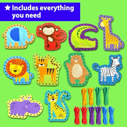 KRAFUN Safari Animal Lacing Cards Age 3+ | 10 Projects (Lion, Zebra) - color: Safari - Large