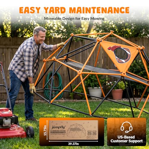 jumpfly 10FT Climbing Dome with Hammock & Ball Toss Game, 880LBS Geometric Dome Climber with Cat Paw Safety Holds, Anti-Rust Outdoor Jungle Gym Play Equipment for Kids 3-12 Years - color: Black/Orange