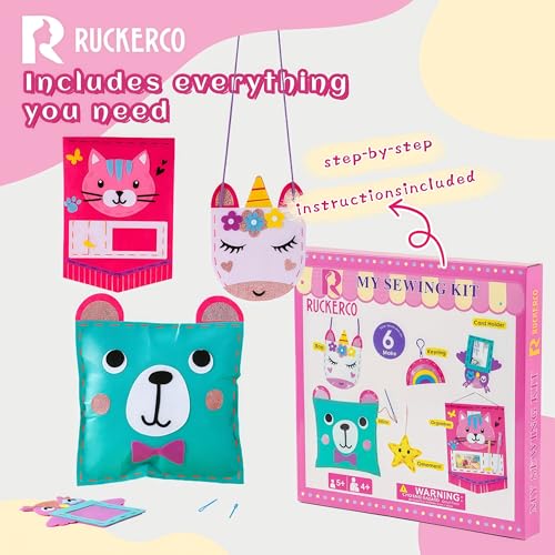 R RUCKERCO Sewing Kit for Kids Ages 4-8, My First Sewing Kit with 6 Easy DIY Felt Projects, Learn to Sew Beginner Arts and Crafts, Stuffed Animal & Pillow Craft Gift for Girls Boys Ages 6-10