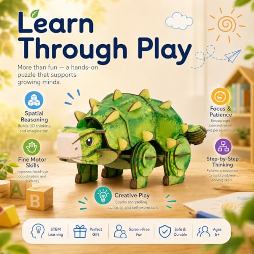 MierEdu Build 'N' Sound 3D Puzzle for Kids, Animal Puzzle with Sound Module, Educational STEM Craft Kit, FSC Paper Model Building Toy Gift for Ages 6+ - color: Ankylosaurus