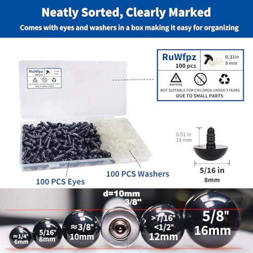 RuWfpz Safety Eyes for Amigurumi Crocheting Animals 8mm Bulk 100Pcs Black - size: 8mm