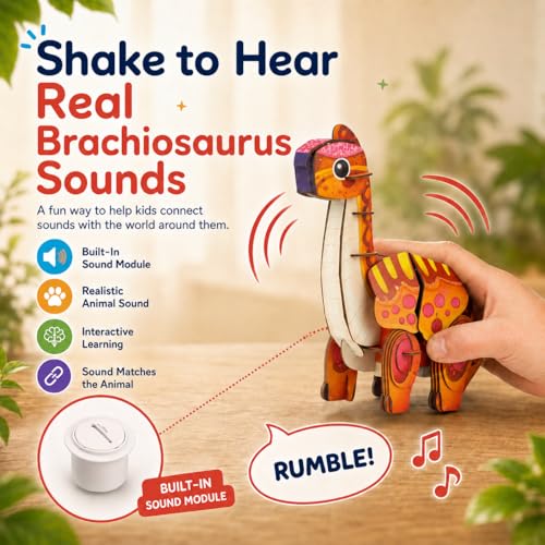 MierEdu Build 'N' Sound 3D Puzzle for Kids, Animal Puzzle with Sound Module, Educational STEM Craft Kit, FSC Paper Model Building Toy Gift for Ages 6+ - color: Brachiosaurus