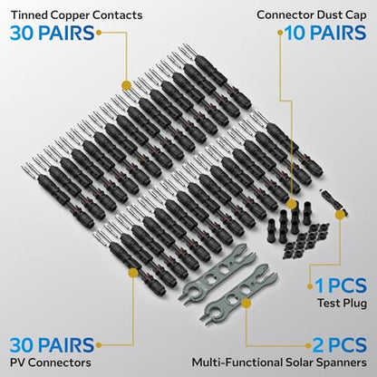 CHINT UL 6703 & TÜV Certified Solar Panel Connectors (30 Pairs), 1500V 46A DC MC4-Compatible PV Cable Connectors Kit for 10/12/14 AWG Solar Wire with Dust Caps & Spanners - size: 30 Pairs 10AWG 46A