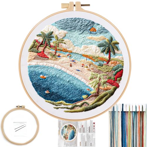 FONNUY Beach Ocean Embroidery Kit, Cross Stitch Kits for Beginners, Handmade Crafts with Printed Patterns for Beginner Adults, Easy to Follow Color Thread Needlework, 8'' Hoop (Holiday) - color: Holiday