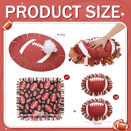 Vicenpal Set of 3 Football Tie Blanket & Pillows Craft Kit 57 Inch No Sew Fleece Blanket Kit Football Gifts Throw Crafts Tie Knot Quilt Squares Fabric Sports Ball Theme Decorations for Party - style: Football