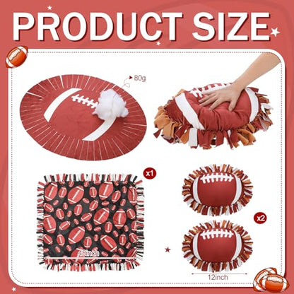 Vicenpal Set of 3 Football Tie Blanket & Pillows Craft Kit 57 Inch No Sew Fleece Blanket Kit Football Gifts Throw Crafts Tie Knot Quilt Squares Fabric Sports Ball Theme Decorations for Party - style: Football