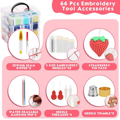 PAXCOO 276 Pack Embroidery Floss Thread Kit Including 210 Colors Cross Stitch Sewing Thread with 66 Pcs Embroidery Accessories and 4-Tier Transparent Embroidery Thread Storage Organizer Box