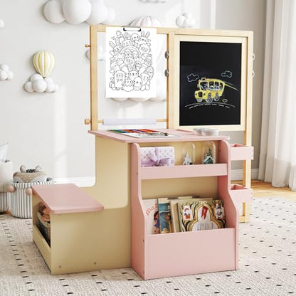 HONEY JOY Kids Art Easel, 6-in-1 Wooden Double-Sided Toddler Table & Chair Set w/Adjustable Magnetic White Board & Chalkboard, Paper Roll, Bookshelf, Storage, Toddler Easel for Kids (Pink) - style: Pink