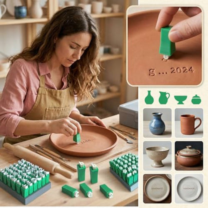 Alphabet Stamp Set for Clay Pottery, 74-Piece Kit, Green