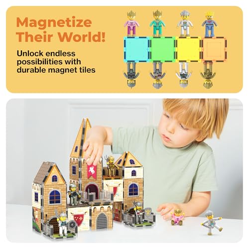 PicassoTiles 70pc Middle Age Medieval and Castle Theme Tile 2in1 8 Character Action Figures Magnet Tiles Building Block Pretend Magnetic Play Fine Motor Skill STEM Educational Construction Age3+ PTQ01 - color: Medieval and Castle