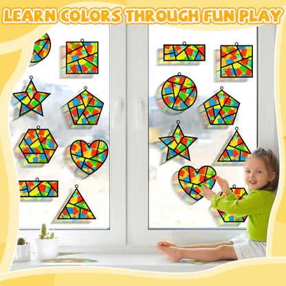 QOUBAI 32 Sets Back to School Geometric Recognition Suncatchers Craft DIY Window Stained Glass Effect Star Paper Crafts Home School Classroom Decor Kid Birthday Gift Creative Art Project Activity Game - style: Geometry