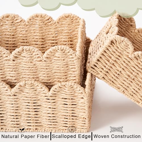 Scalloped Wicker Baskets Set of 3, Hand-Woven Storage with Handles - color: Beige