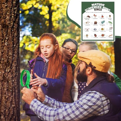 HyDren 45 Pcs 15 Set Nature Scavenger Hunt Game Kits, 15 Hunting Cards, 15 Magnifying Glass, 15 Pencils, 15 Organza Bags Family Camping Games Play for Nature Exploration Outdoor Activities Party Favor