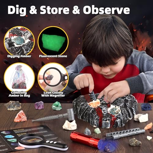 Woumserta Volcano Dig Kits for Kids 4-6 8-12, 10 Rocks Excavation Kit Toys - style: Volcano