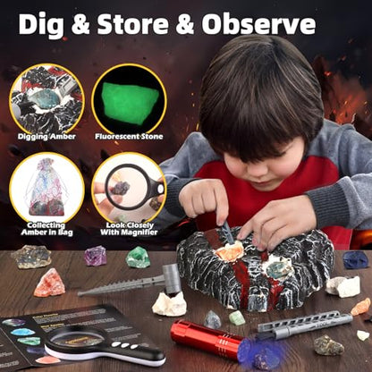 Woumserta Volcano Dig Kits for Kids 4-6 8-12, 10 Rocks Excavation Kit Toys - style: Volcano