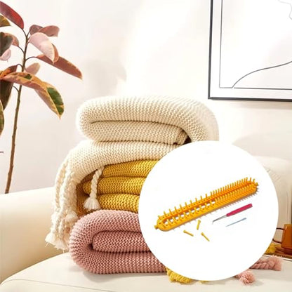 Dense Teeth Rectangle Knitting Looms，Plastic Weaving Looms Set，Weaving Loom，Scarf Hats Making Tools，DIY Crocheting Handmade Craft Kit with a Crochet Hook and Needle for Knitting Lovers，36 cm (Yellow) - size: Rectangle,36cm,Close Pegs