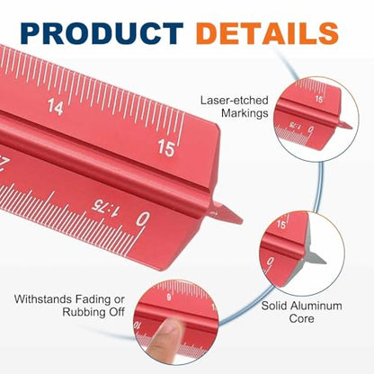 HARFINGTON Architectural Scale Ruler 12" Metric Aluminum Alloy Red - color: Red, size: 12 Inch