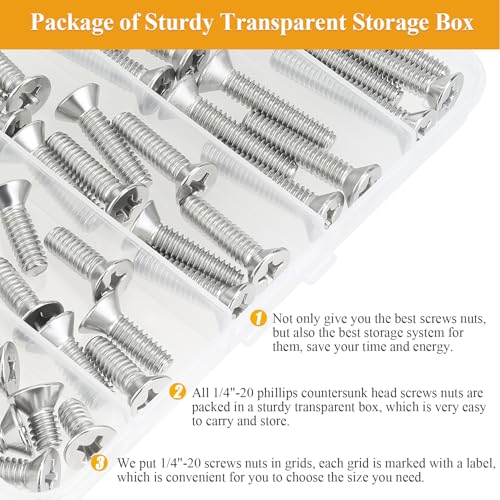 57 Pieces 1/4-20 x 1/2", 3/4", 1", 1-1/4", 1-1/2", Phillips Countersunk Head Machine Screws Nuts Assortment Kit - size: 1/4"-20, style: Phillips Countersunk Head