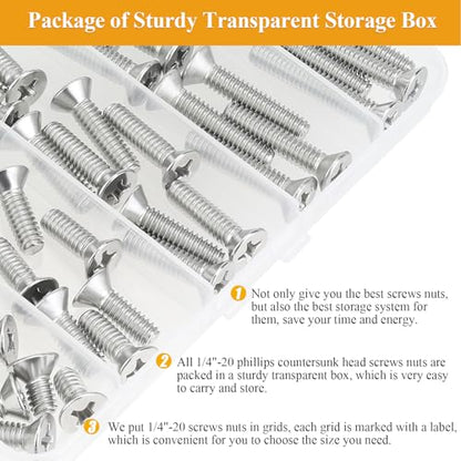 57 Pieces 1/4-20 x 1/2", 3/4", 1", 1-1/4", 1-1/2", Phillips Countersunk Head Machine Screws Nuts Assortment Kit - size: 1/4"-20, style: Phillips Countersunk Head